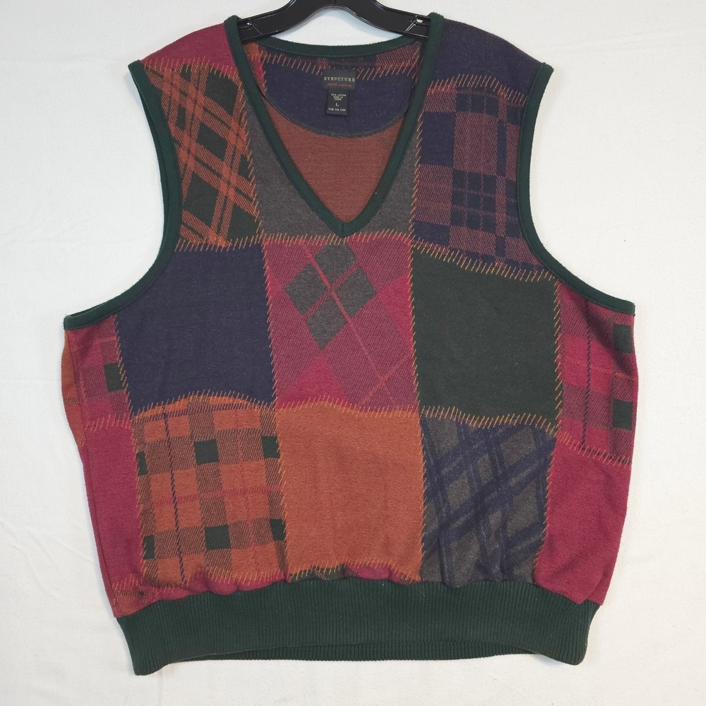 Y2K Vintage Structure Men Patchwork Plaid Argyle Cotton V‎ Sweater Vest Large